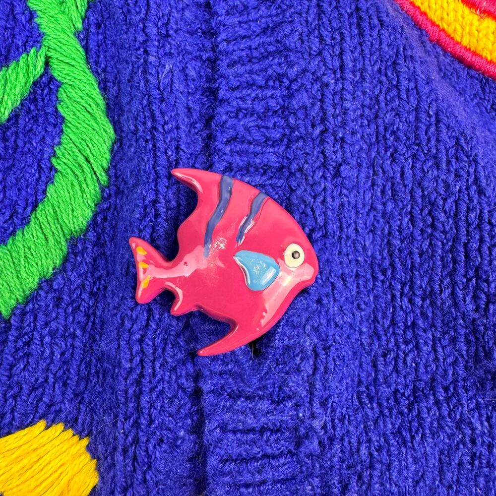 Vtg PBJ Sport Cardigan Sweater Embroidered Ocean Fish Sz S/P Quirky 90s Kidcore - Picture 7 of 16